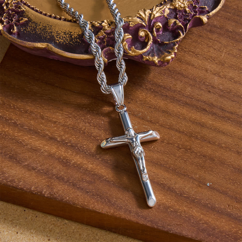 Christianartworkshop Relief Jesus Crucifix Pendant Twisted Rope Chain Necklace : Timeless Emblem of Gentle Heavenly Guardianship