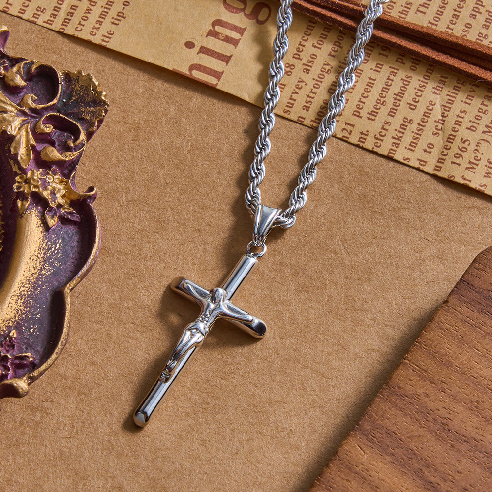 Christianartworkshop Relief Jesus Crucifix Pendant Twisted Rope Chain Necklace : Timeless Emblem of Gentle Heavenly Guardianship