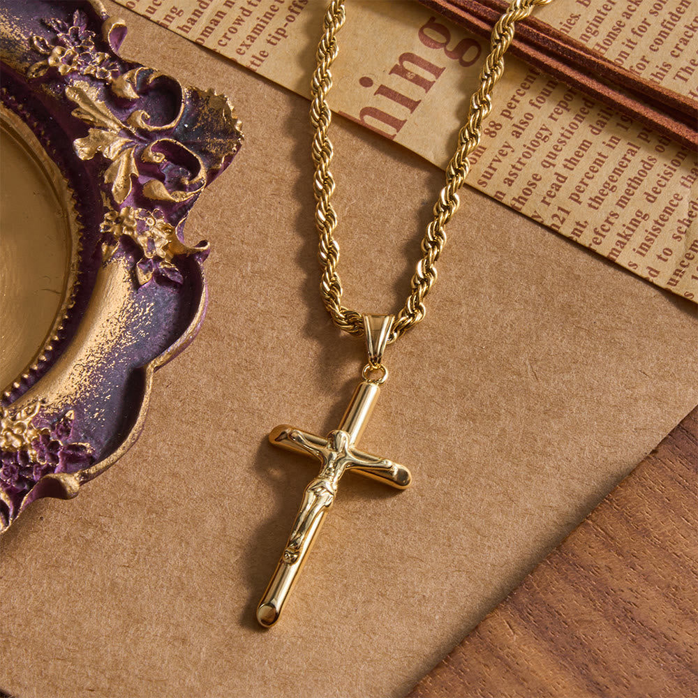 Christianartworkshop Relief Jesus Crucifix Pendant Twisted Rope Chain Necklace : Timeless Emblem of Gentle Heavenly Guardianship