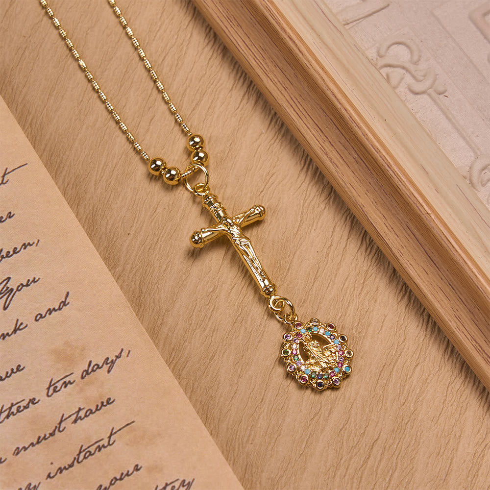 Christianartworkshop Carved Crucifix & Jeweled Holy Medallion Necklace: Emblem of Tender Heavenly Intercession