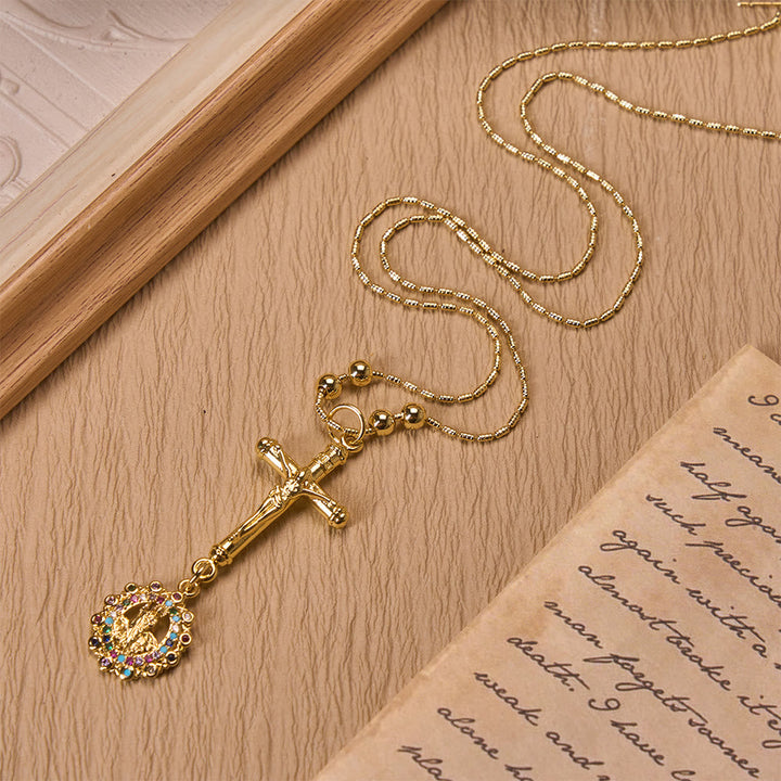 Christianartworkshop Carved Crucifix & Jeweled Holy Medallion Necklace: Emblem of Tender Heavenly Intercession