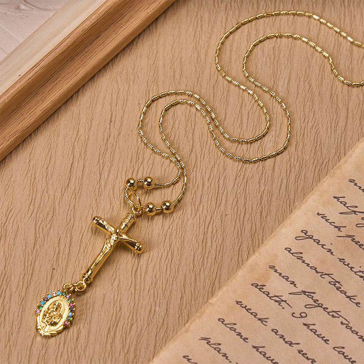 Christianartworkshop Carved Crucifix & Jeweled Holy Medallion Necklace: Emblem of Tender Heavenly Intercession