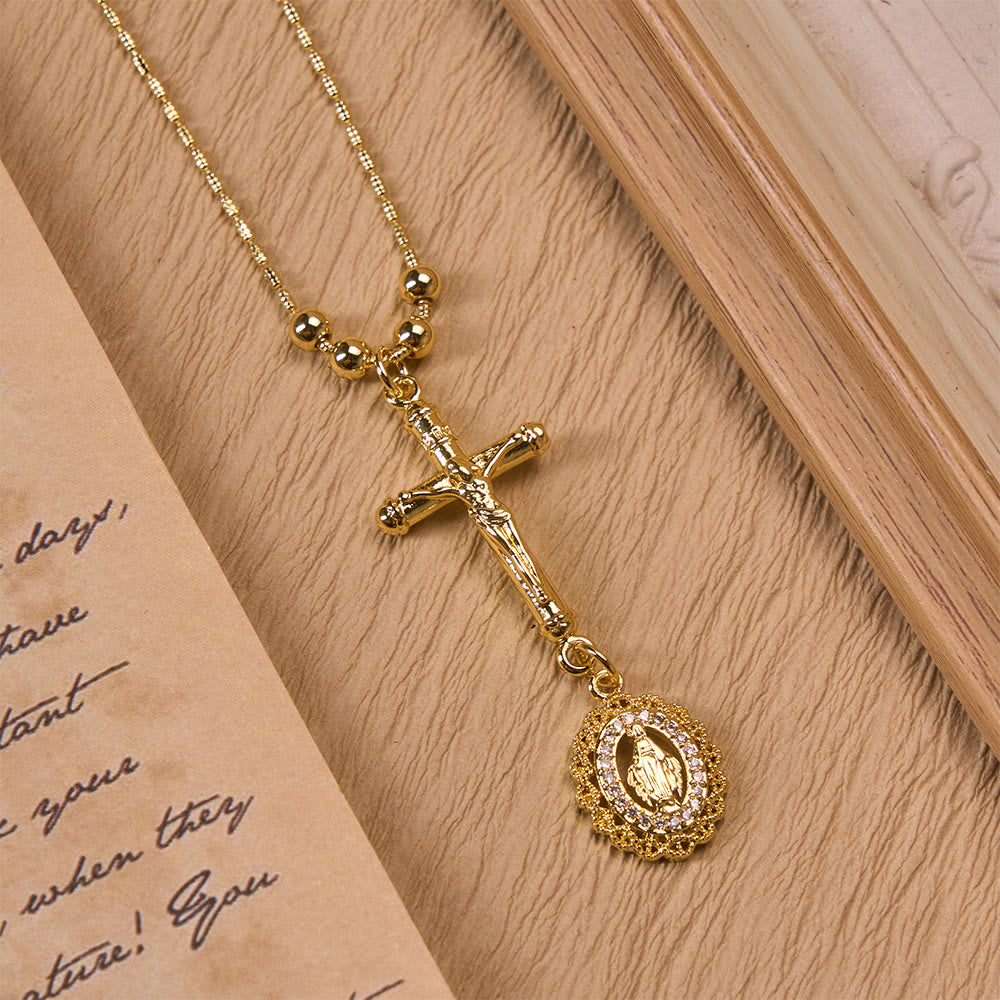 Christianartworkshop Carved Crucifix & Jeweled Holy Medallion Necklace: Emblem of Tender Heavenly Intercession