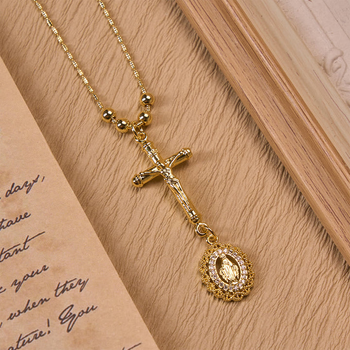 Christianartworkshop Carved Crucifix & Jeweled Holy Medallion Necklace: Emblem of Tender Heavenly Intercession