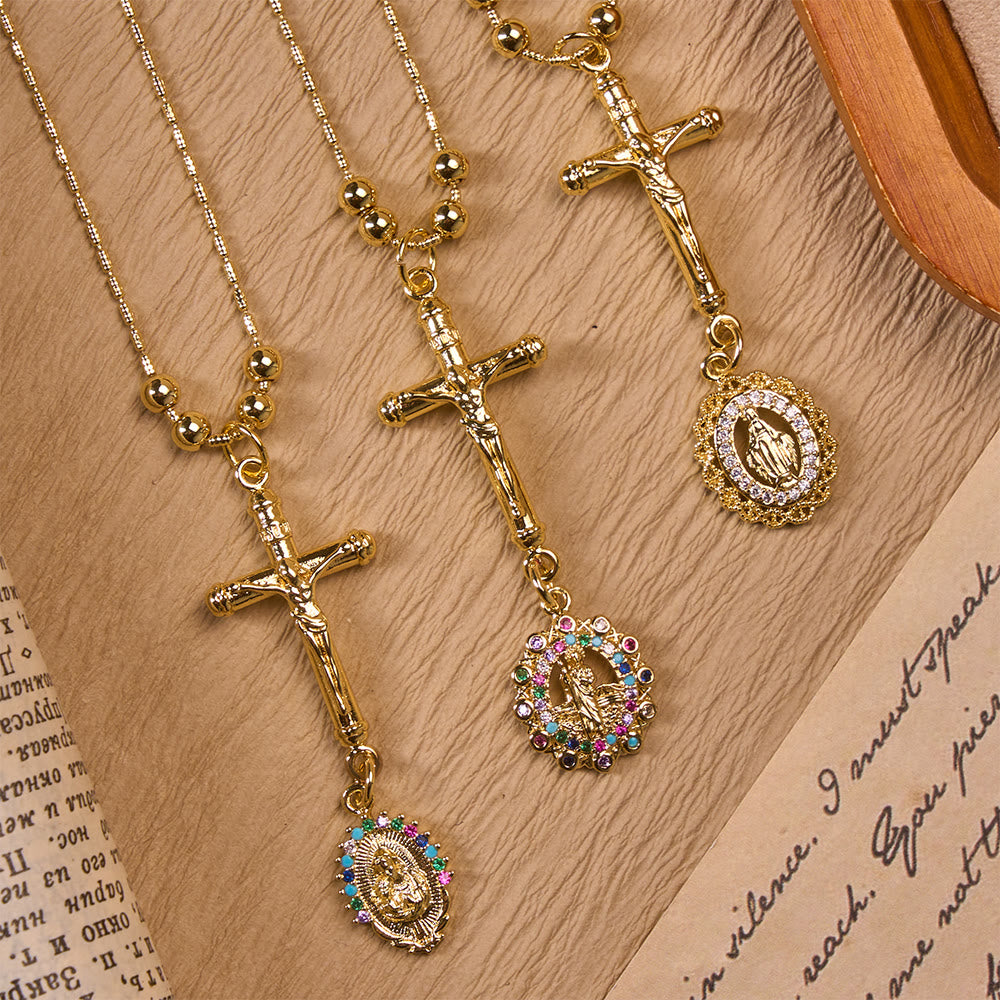 Christianartworkshop Carved Crucifix & Jeweled Holy Medallion Necklace: Emblem of Tender Heavenly Intercession