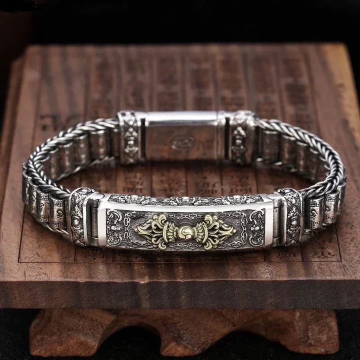 Silver Six Character Truth Vajra Pestle Rotating Drum Hand Bracelet