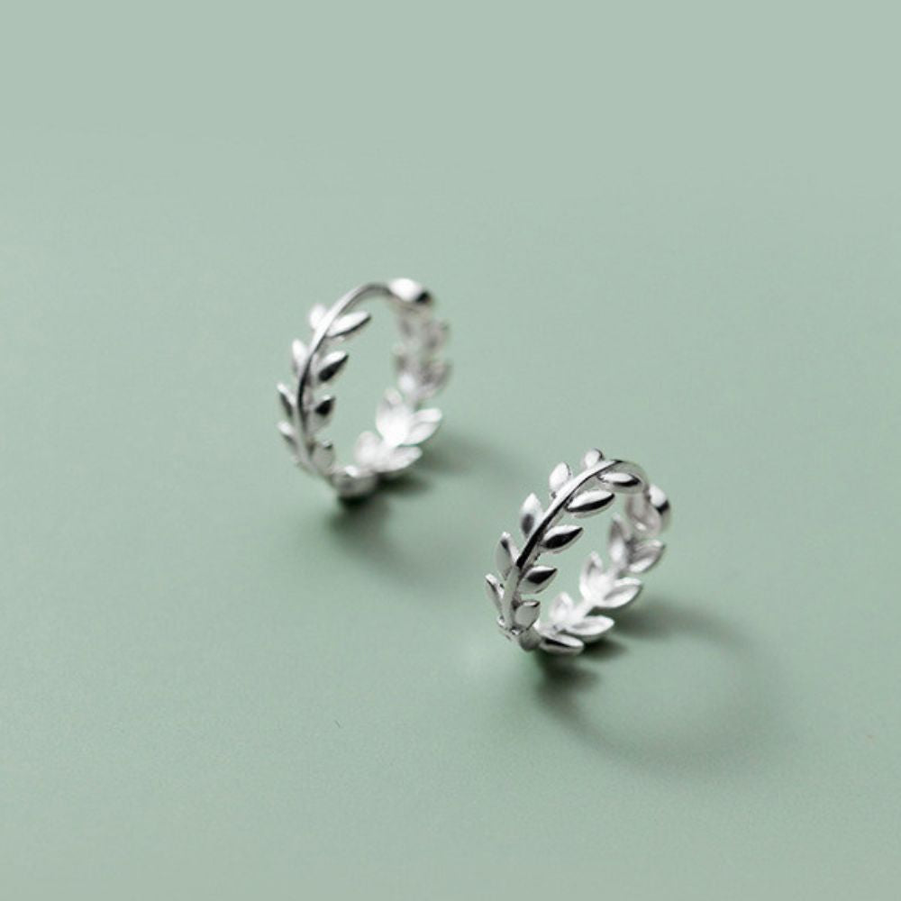 TINY OLIVE LEAVES HOOP EARRINGS (PAIR)
