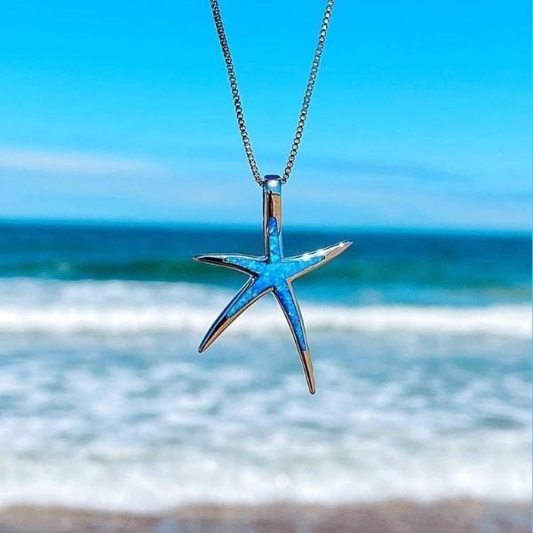 Silver Marine Necklace Adorned with a Blue Opal Starfish