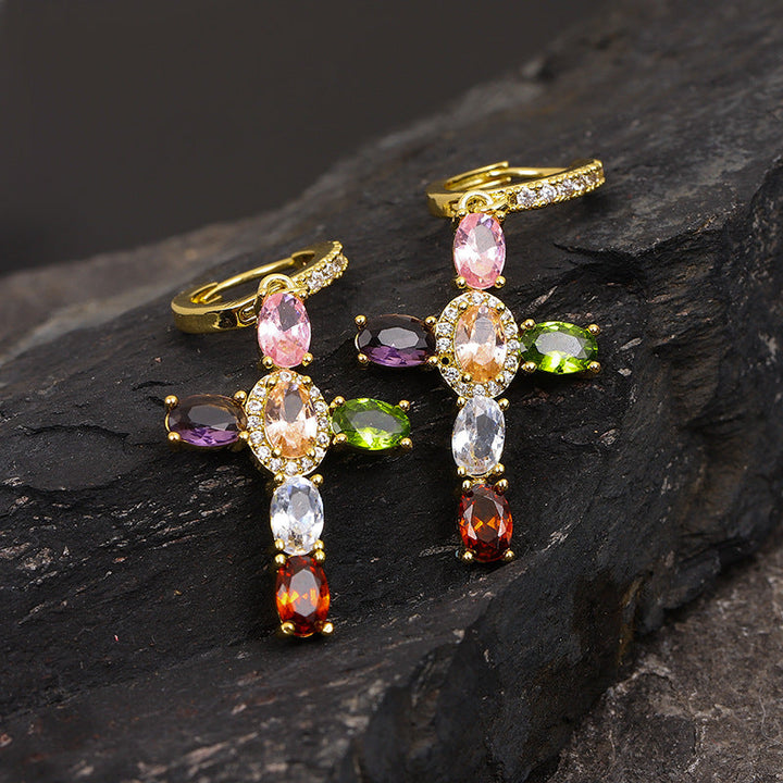 Dainty Colorful Gem Set Cross Earrings