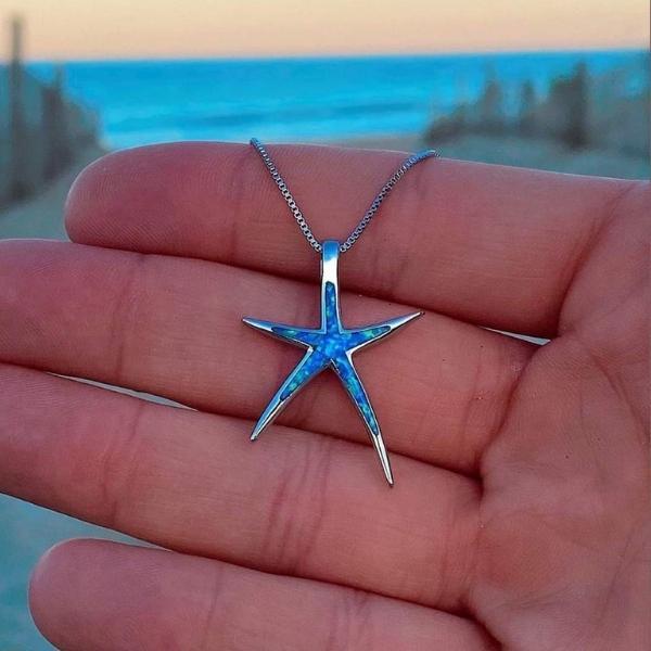 Silver Marine Necklace Adorned with a Blue Opal Starfish