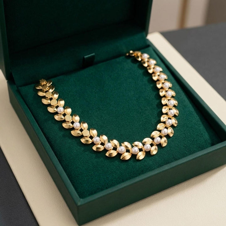 Pearl Leaf Link Collar Necklace