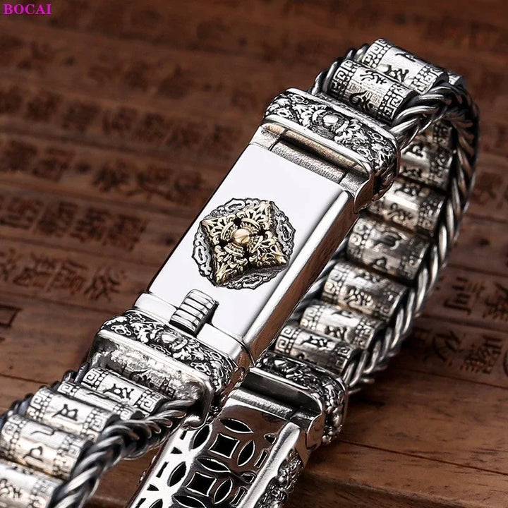 Silver Six Character Truth Vajra Pestle Rotating Drum Hand Bracelet