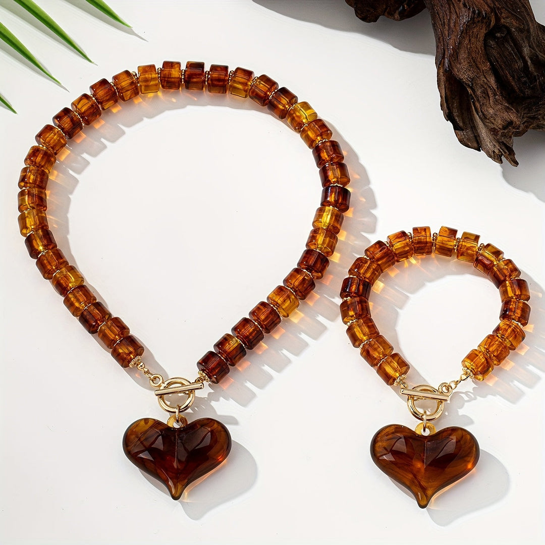 Vintage Amber Heart Statement Set