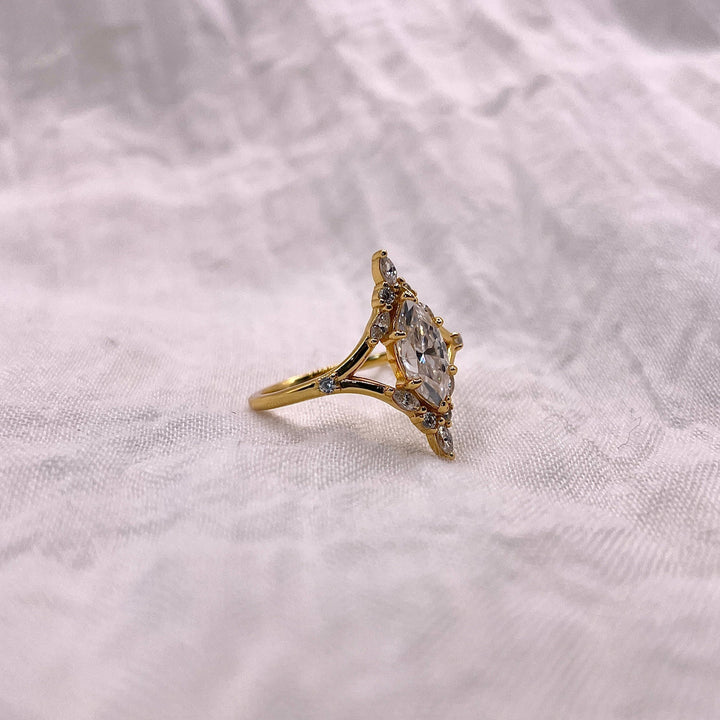 Marquise Moissanite Engagement Ring: Gold Plated Sterling Silver, Vintage Style