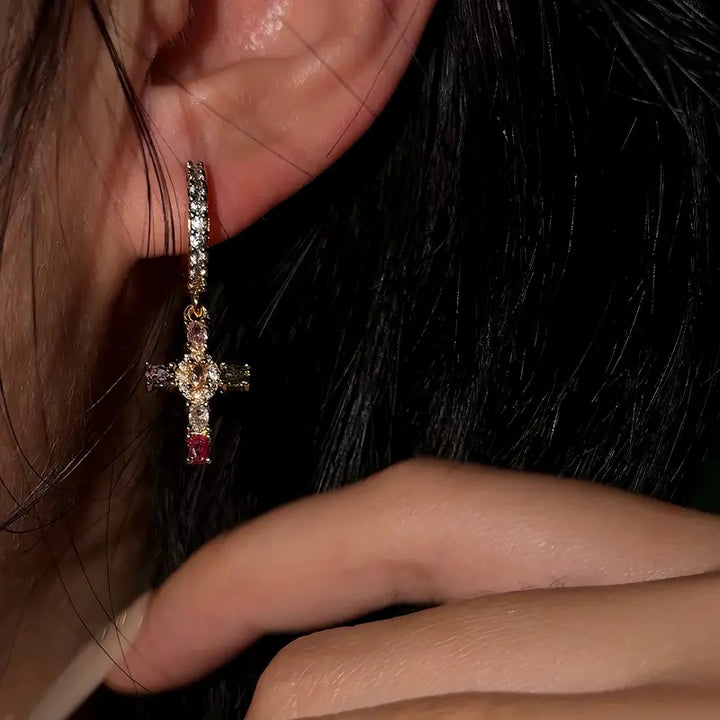Dainty Colorful Gem Set Cross Earrings