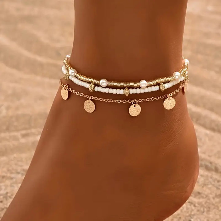 3-piece layered set of anklets Coastal Charm | Gold