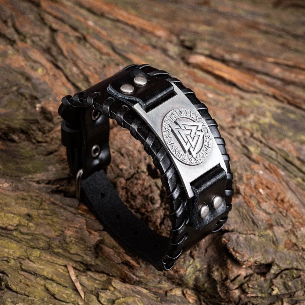 WorldNorse Genuine Leather Buckle Arm Cuff Valknut Rune Metal Bracelet