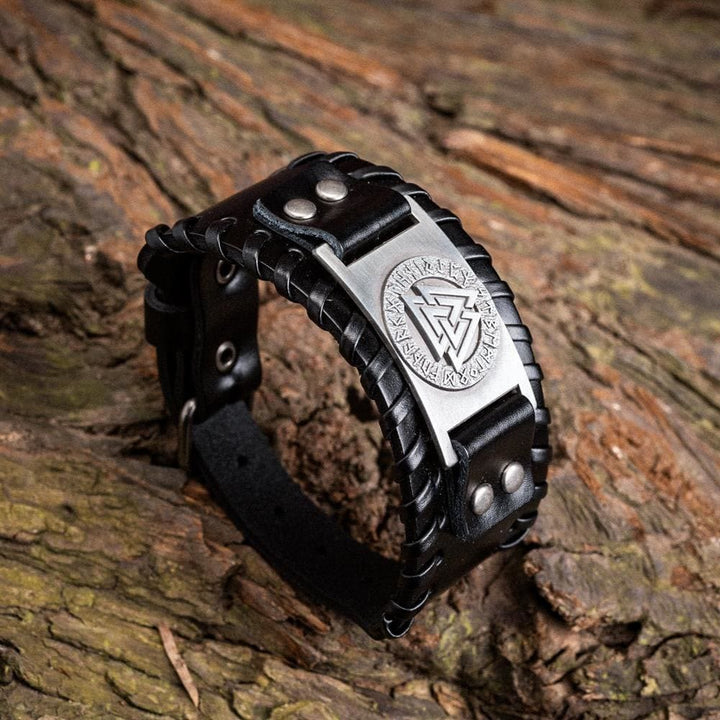 WorldNorse Genuine Leather Buckle Arm Cuff Valknut Rune Metal Bracelet