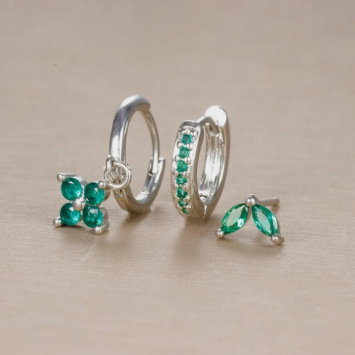 3pc Dainty Floral Huggie Whale Earrings Set