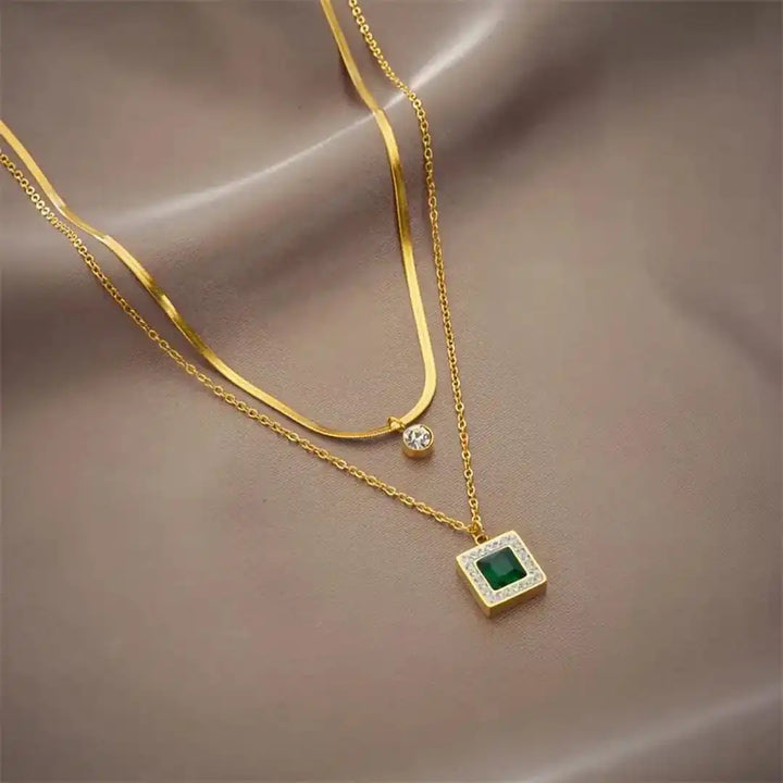 Emerald Layered Double Gold Necklace