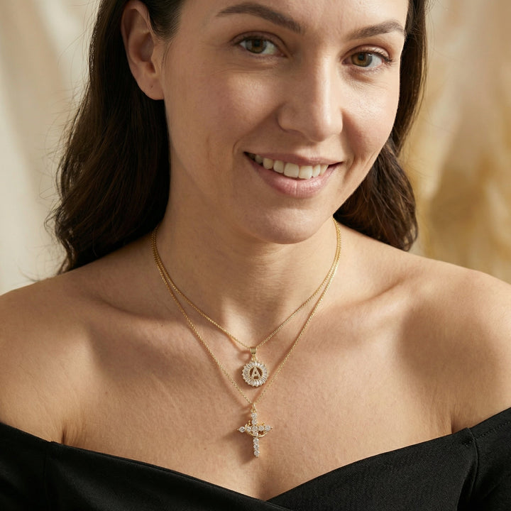 2pc 14k Diamond Cross Crown & Initial Necklace Set