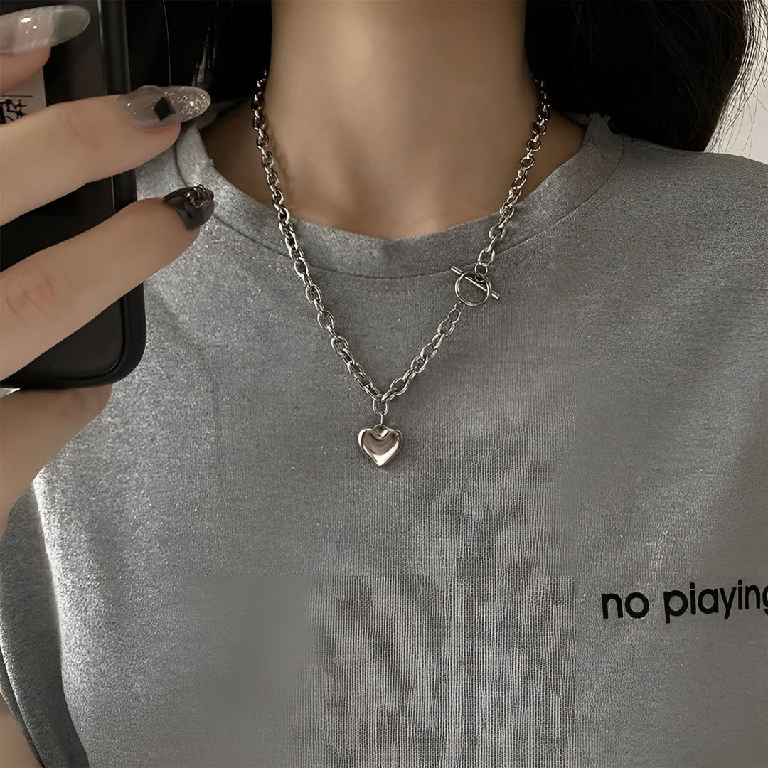 Sterling Silver Puffy Heart Toggle Necklace