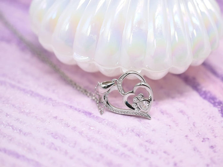 Sterling Silver Paw & Heart Necklace with Zirconia