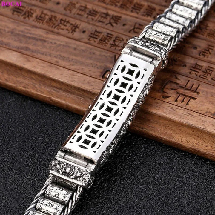 Silver Six Character Truth Vajra Pestle Rotating Drum Hand Bracelet