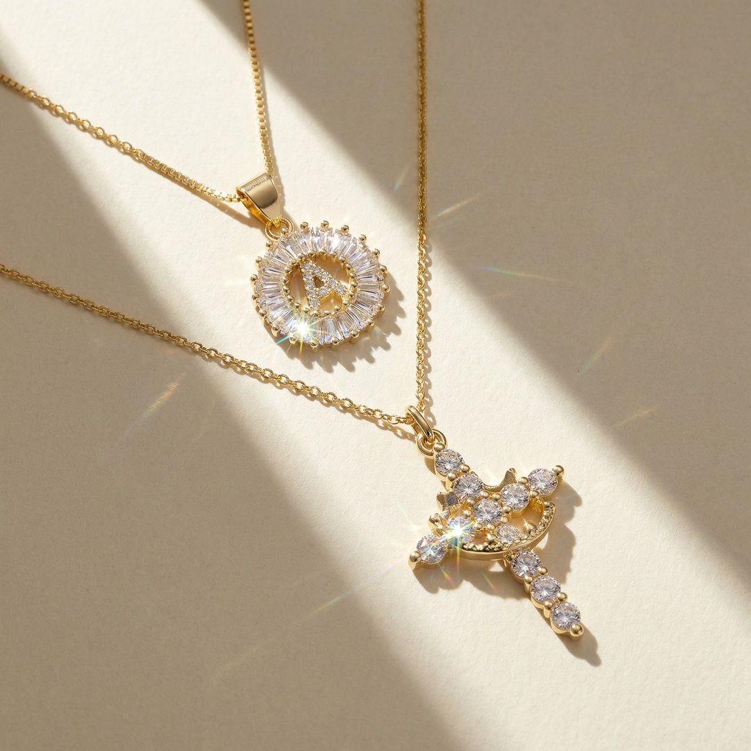 2pc 14k Diamond Cross Crown & Initial Necklace Set