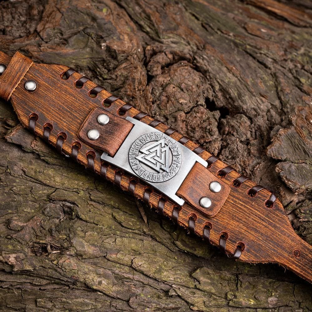 WorldNorse Genuine Leather Buckle Arm Cuff Valknut Rune Metal Bracelet
