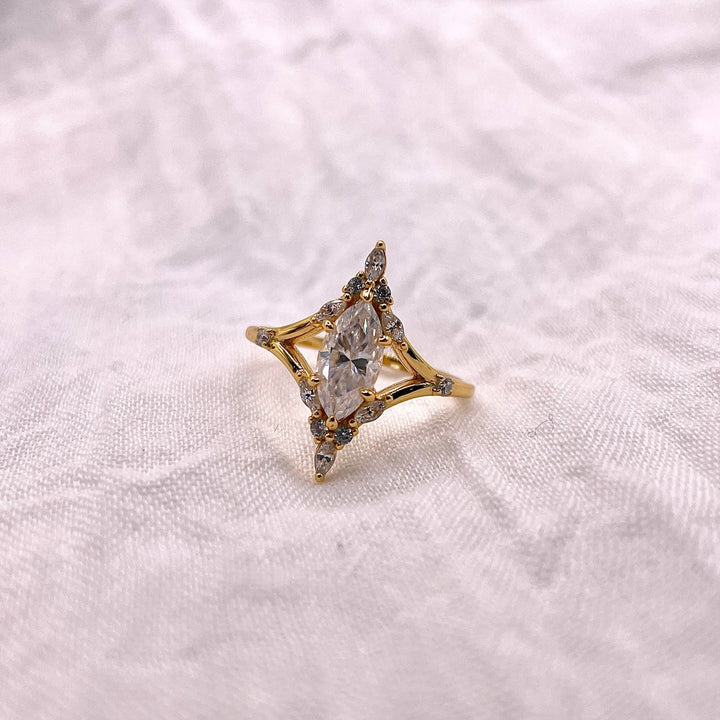 Marquise Moissanite Engagement Ring: Gold Plated Sterling Silver, Vintage Style