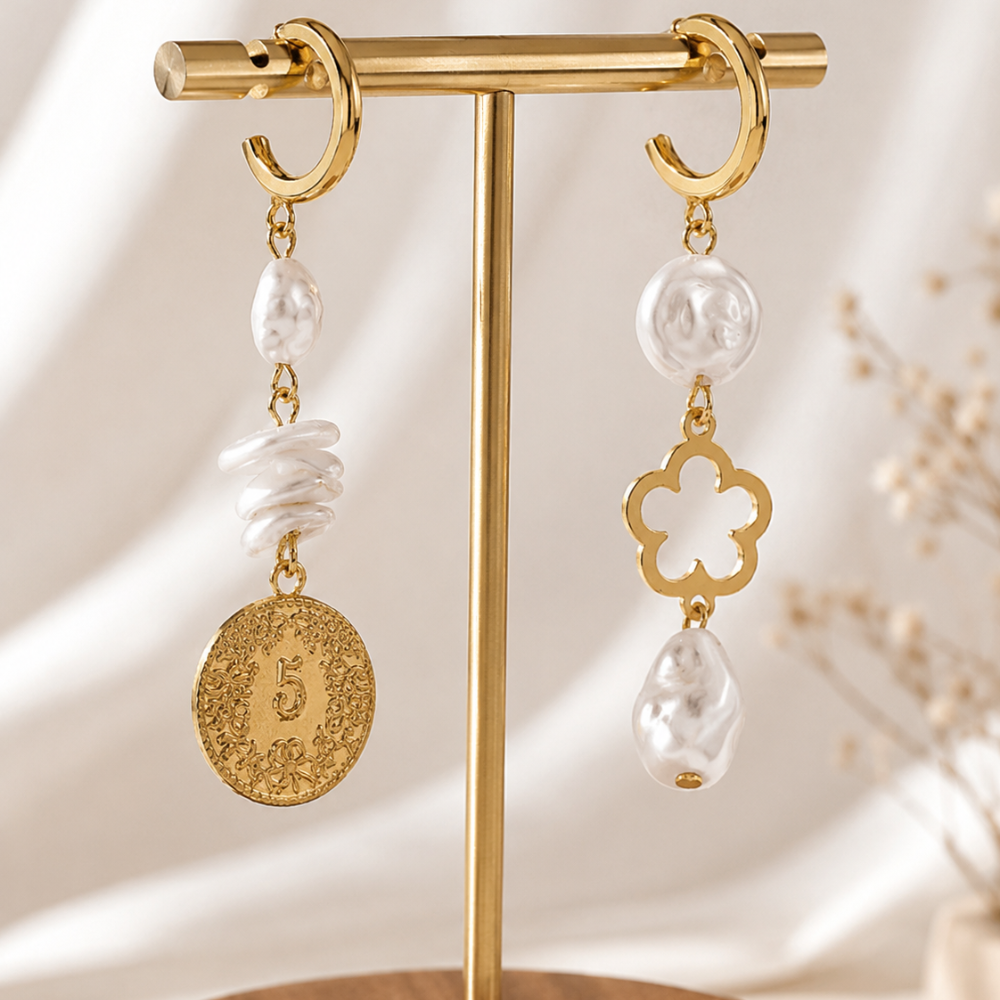 FIVE FLOWER ASYMMETRICAL EARRINGS (PAIR)