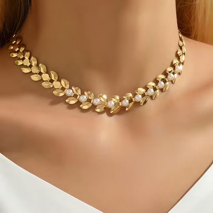 Pearl Leaf Link Collar Necklace