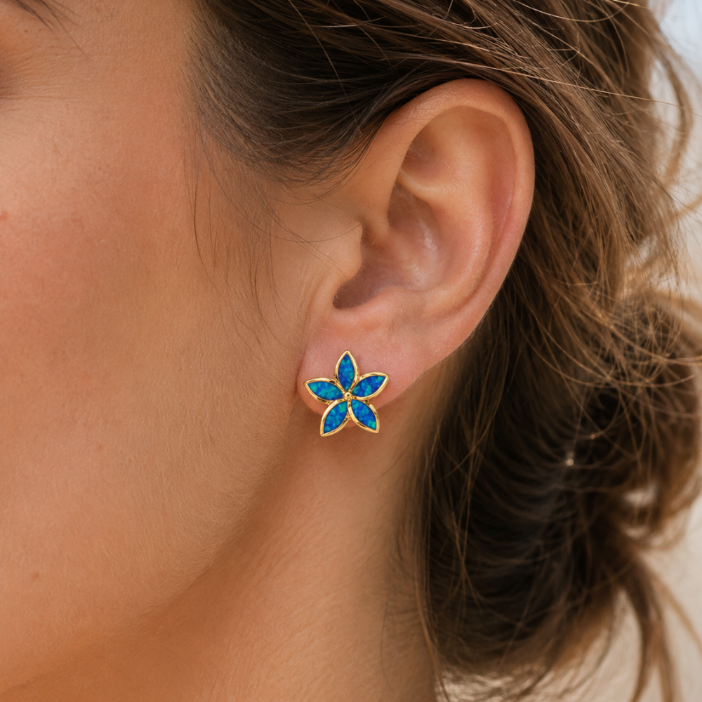BLUE OPAL FLOWER STUDS (PAIR)
