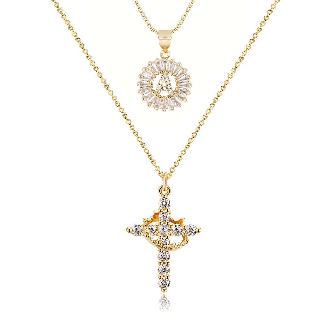 2pc 14k Diamond Cross Crown & Initial Necklace Set