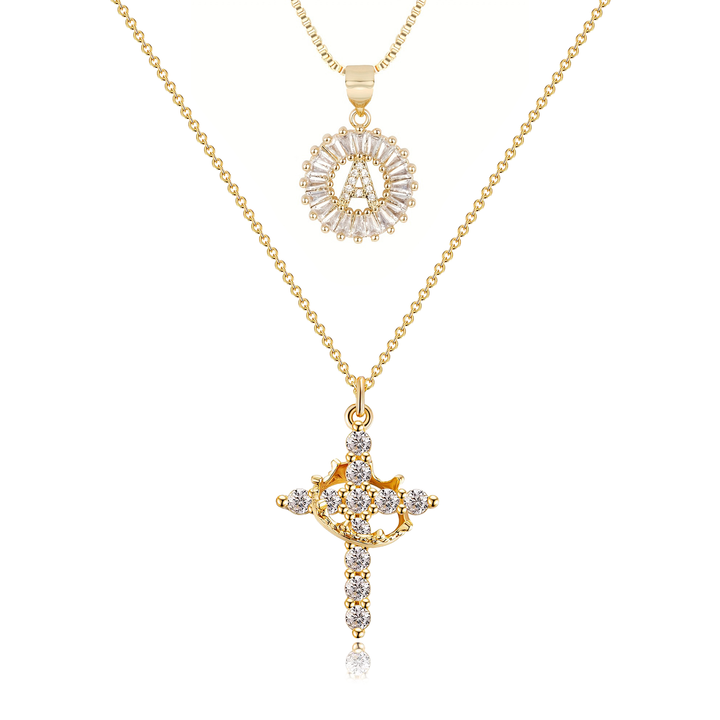 2pc 14k Diamond Cross Crown & Initial Necklace Set