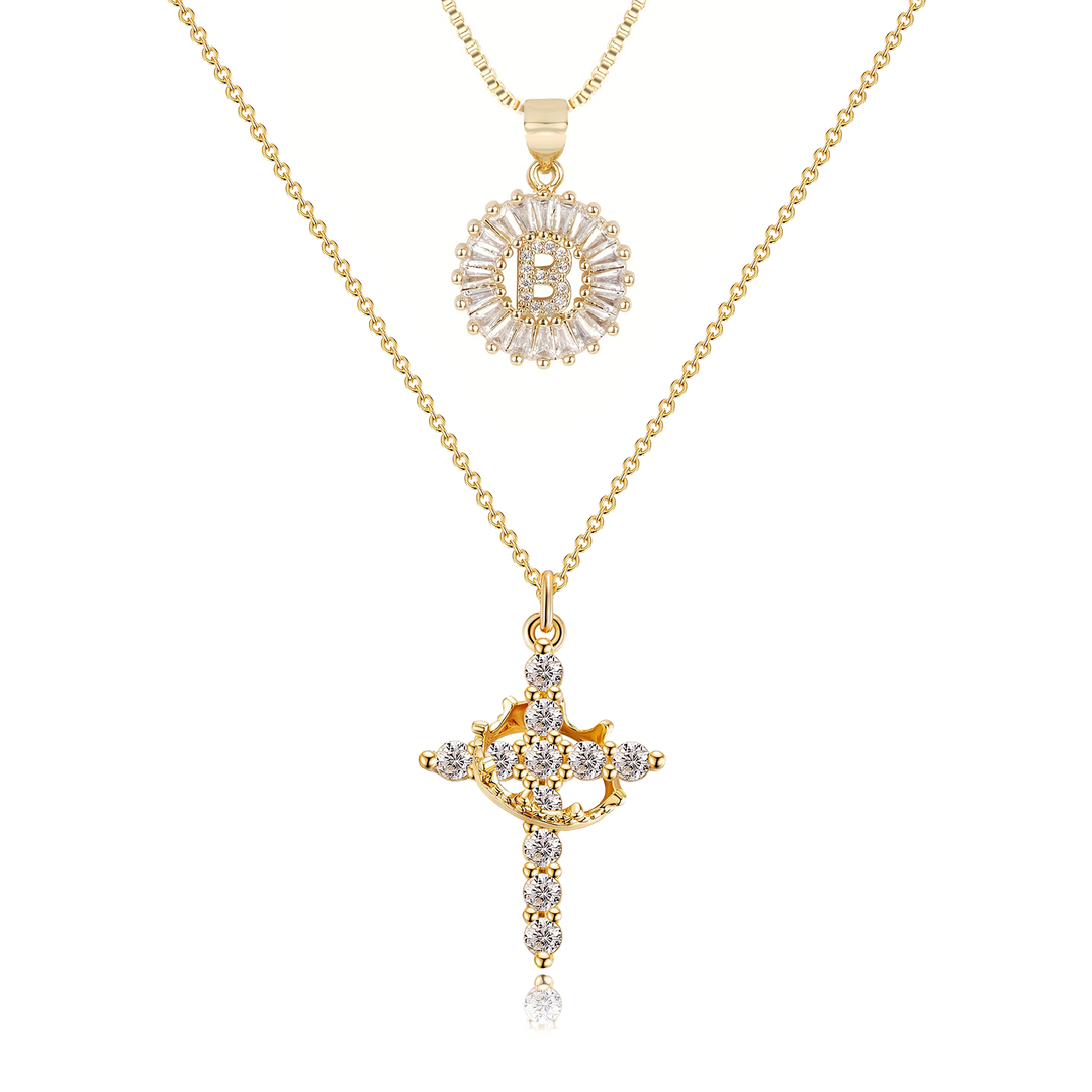 2pc 14k Diamond Cross Crown & Initial Necklace Set