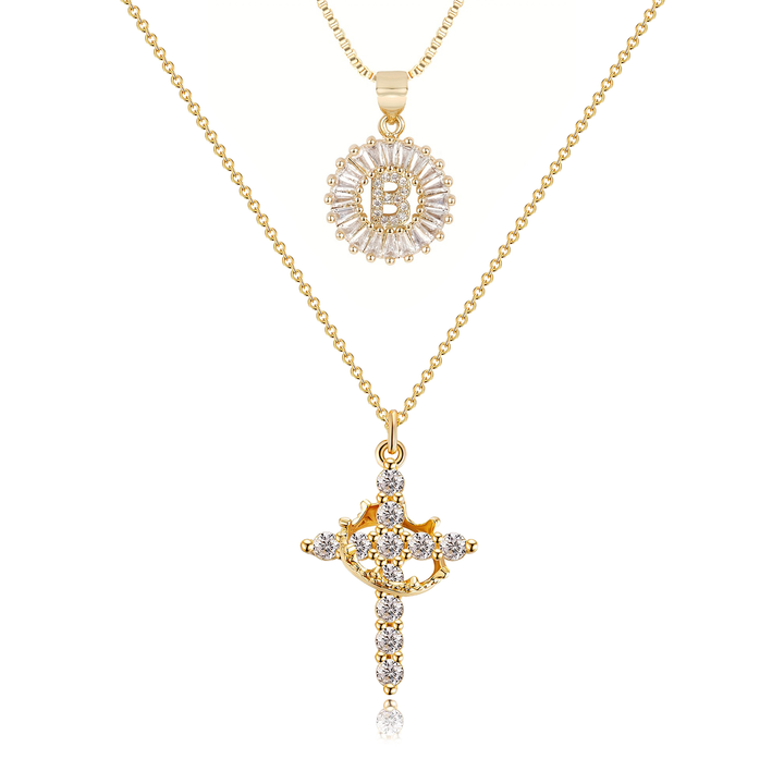 2pc 14k Diamond Cross Crown & Initial Necklace Set