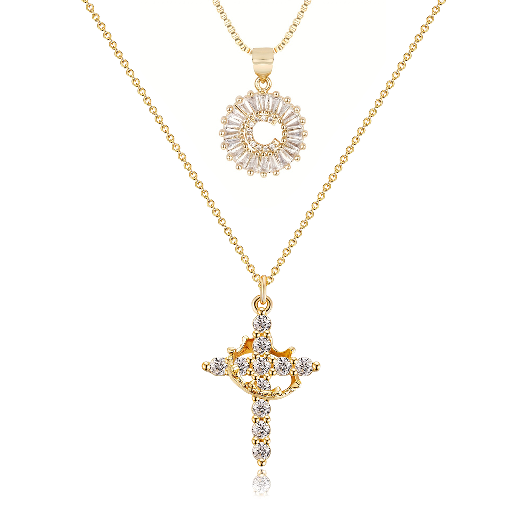 2pc 14k Diamond Cross Crown & Initial Necklace Set