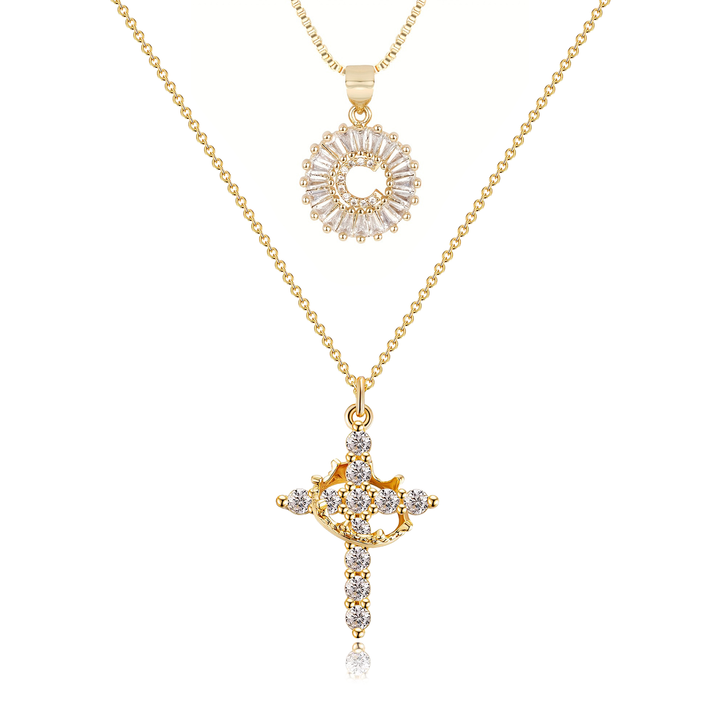 2pc 14k Diamond Cross Crown & Initial Necklace Set