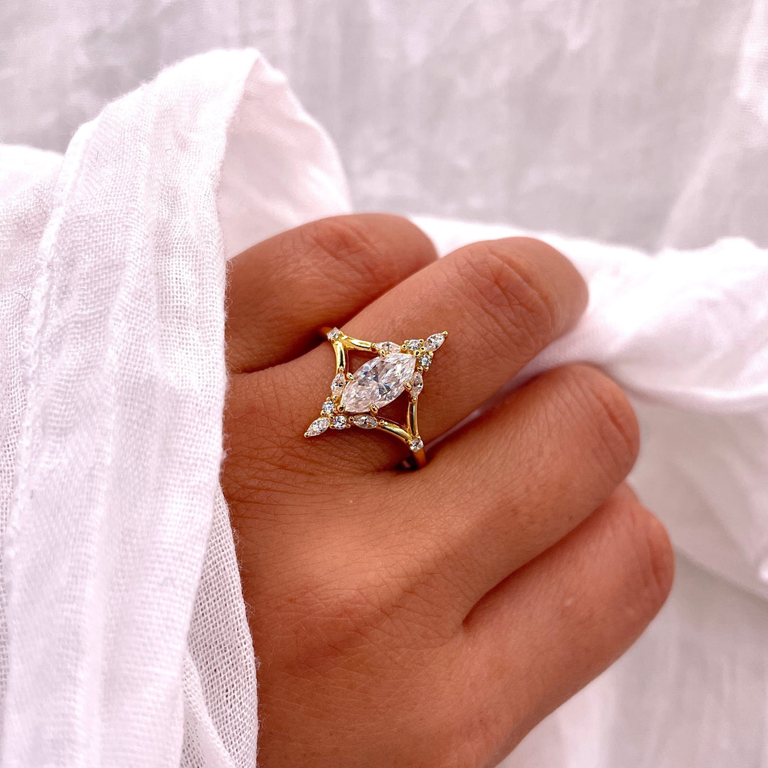 Marquise Moissanite Engagement Ring: Gold Plated Sterling Silver, Vintage Style