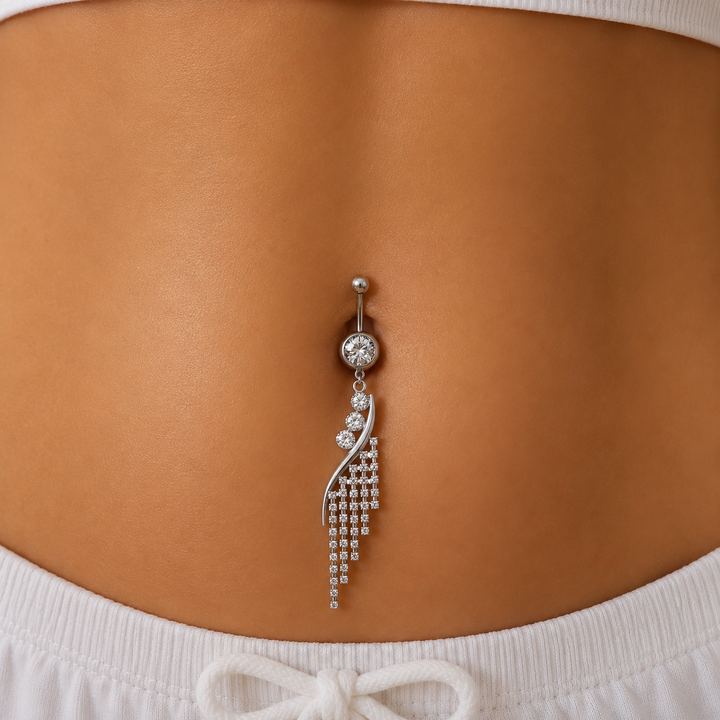 Silver Rhinestone Tassel Belly Button Ring with Crystal Dangle