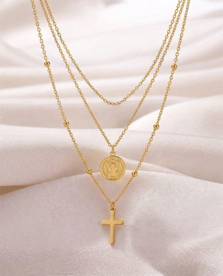 Double Necklace with Medal of the Virgin Mary and Cross (Gold Plated)