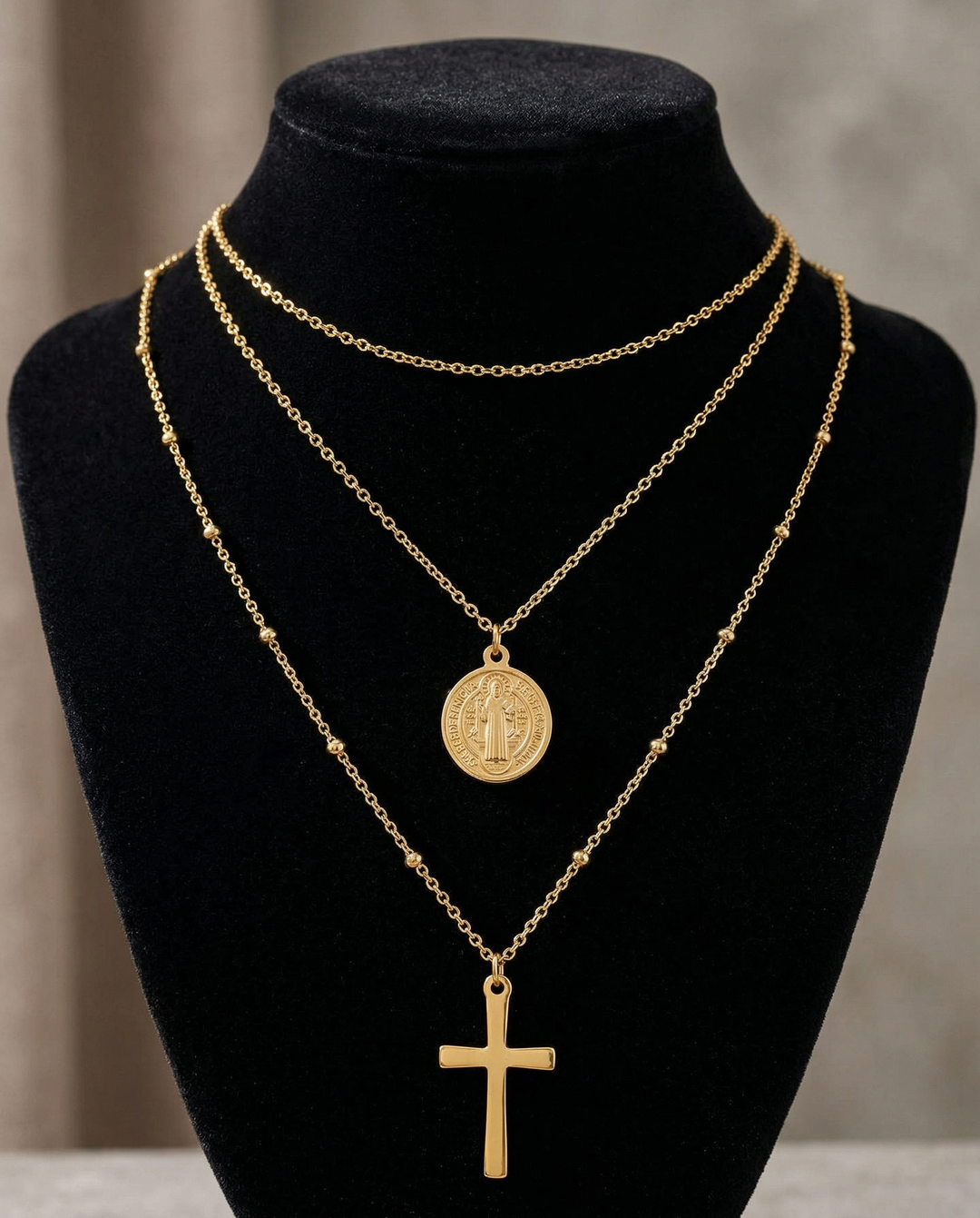 Double Necklace with Medal of the Virgin Mary and Cross (Gold Plated)