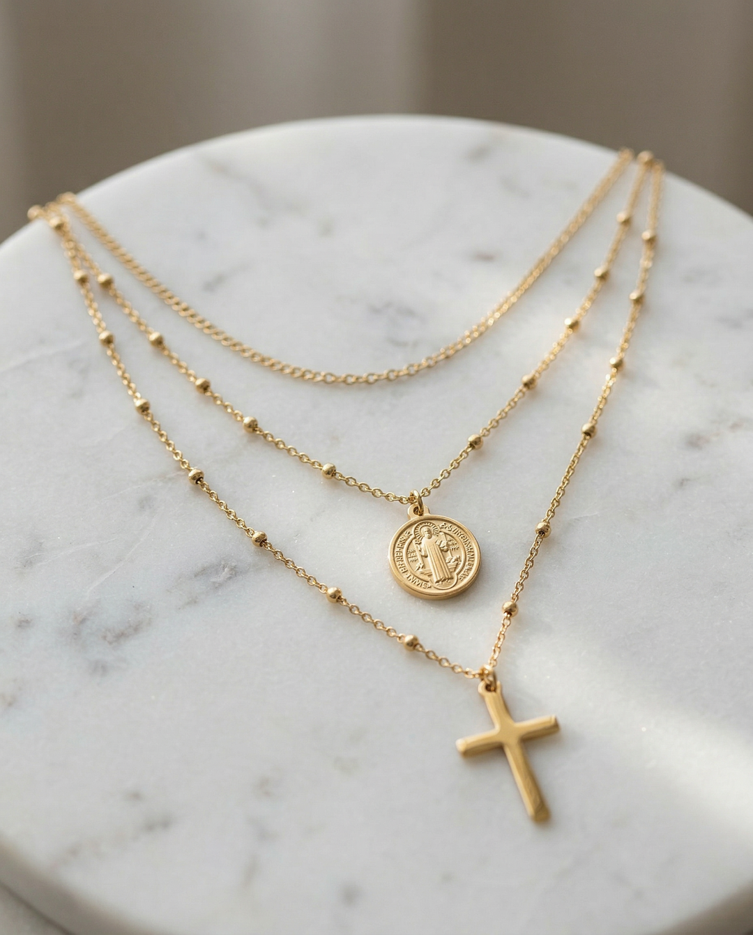 Double Necklace with Medal of the Virgin Mary and Cross (Gold Plated)