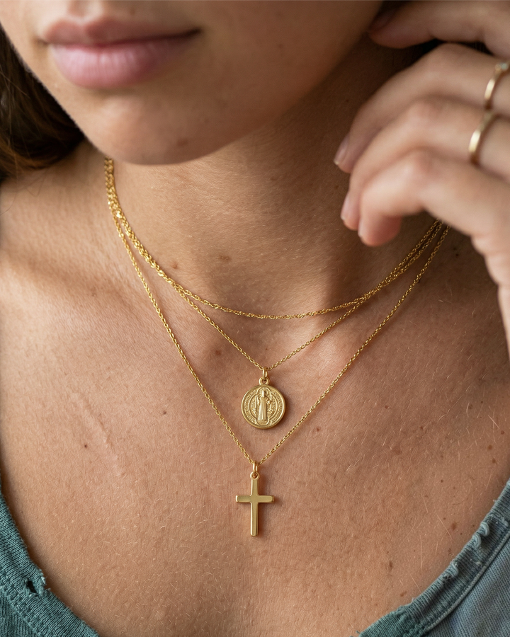 Double Necklace with Medal of the Virgin Mary and Cross (Gold Plated)