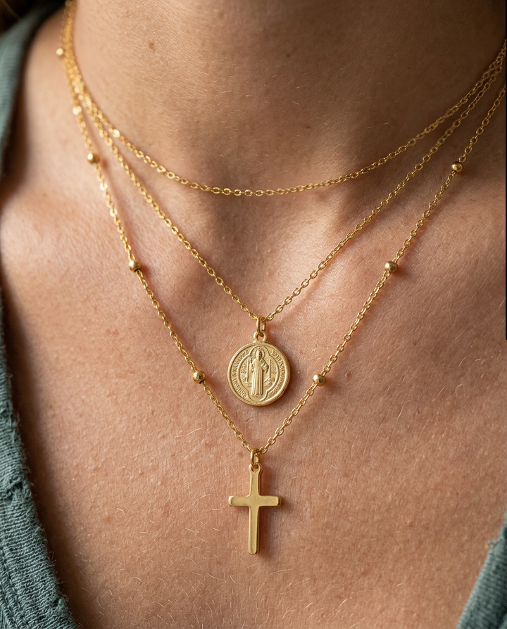 Double Necklace with Medal of the Virgin Mary and Cross (Gold Plated)