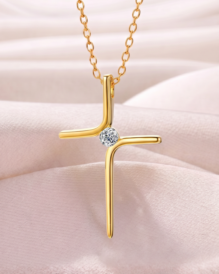 Minimalist Necklace with Cross and Central Zirconia (Gold Plated)