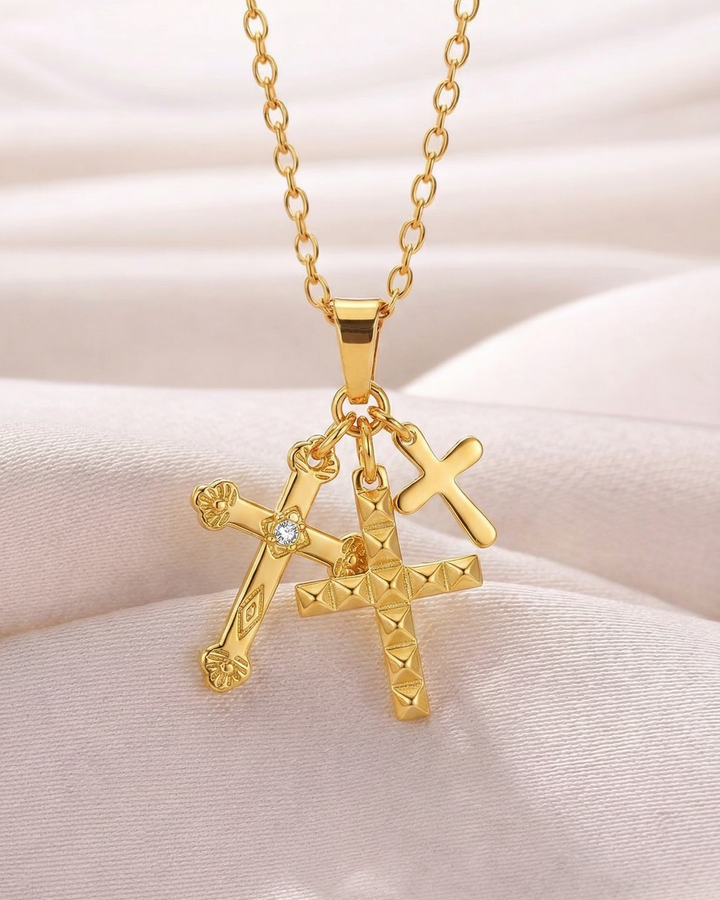 Necklace with Three Cross-Shaped Pendants (Gold Plated)