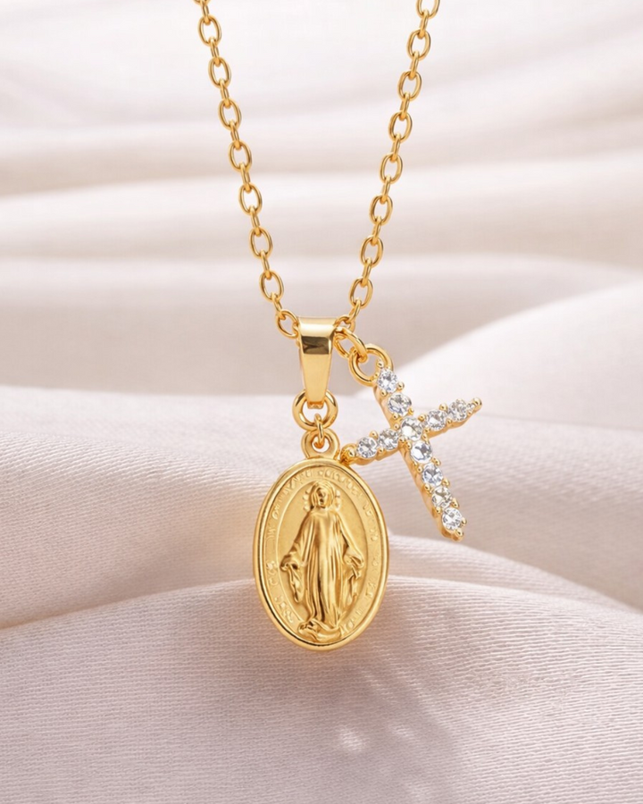 Necklace with Miraculous Medal and Paved Cross (18K Gold Plated)